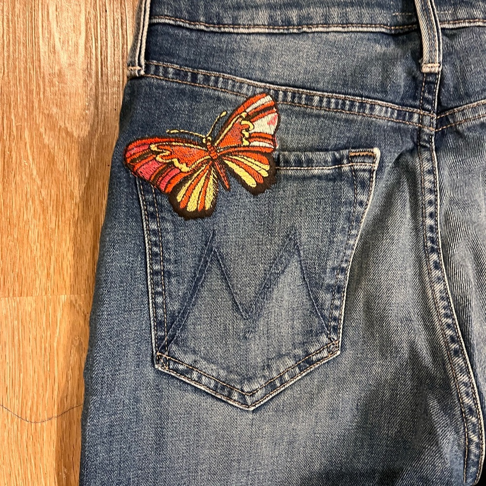 MOTHER Flare Jeans with Butterfly Embroidery - Blue and Multicolor